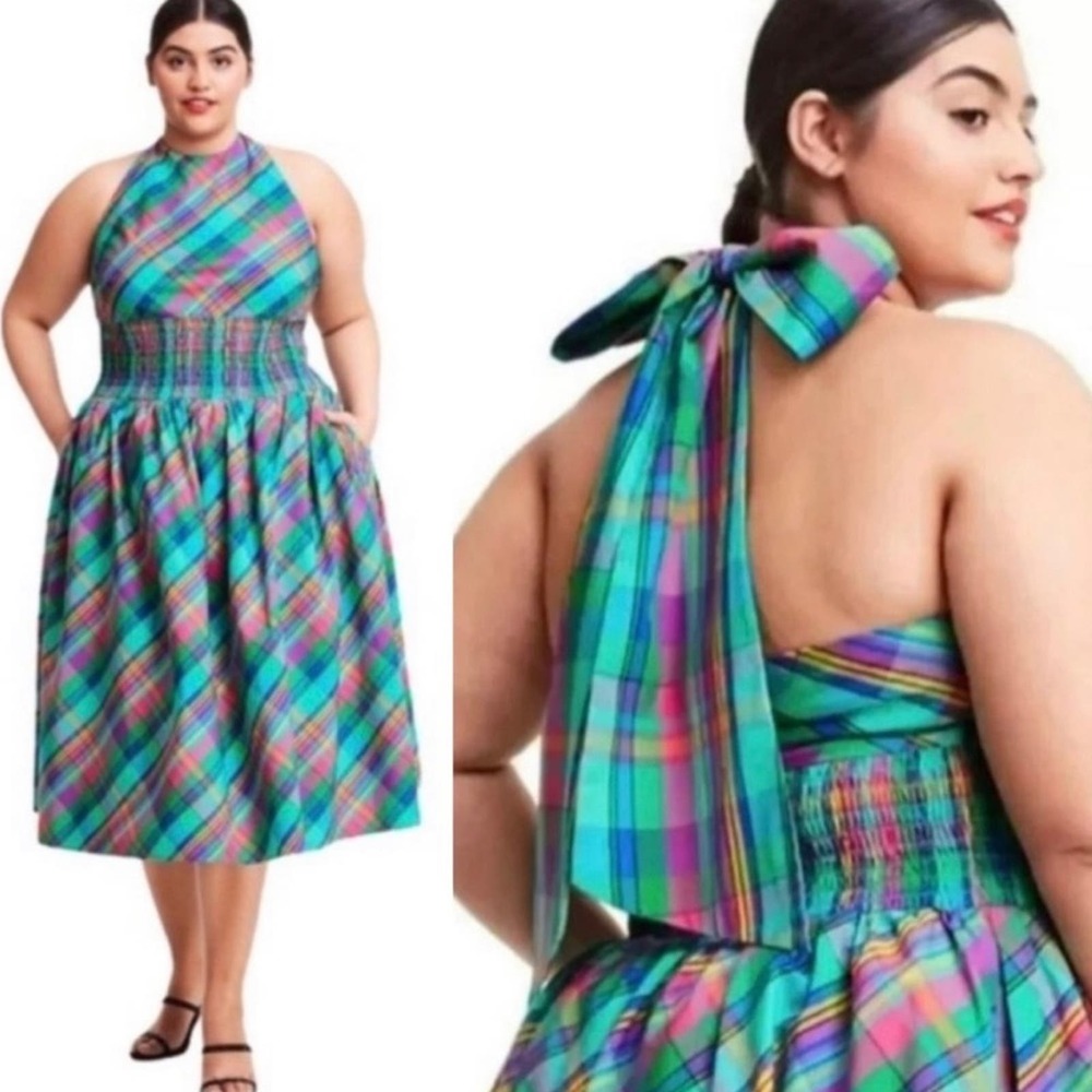 Christopher John Rogers Teal-Pink Plaid Halter Midi Dress